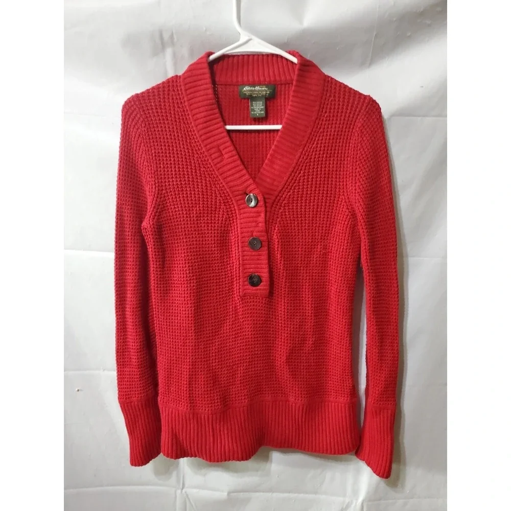 Eddie Bauer‎ Sweater Women's Small Red Cotton Blend Longsleeve Pullover Buttons